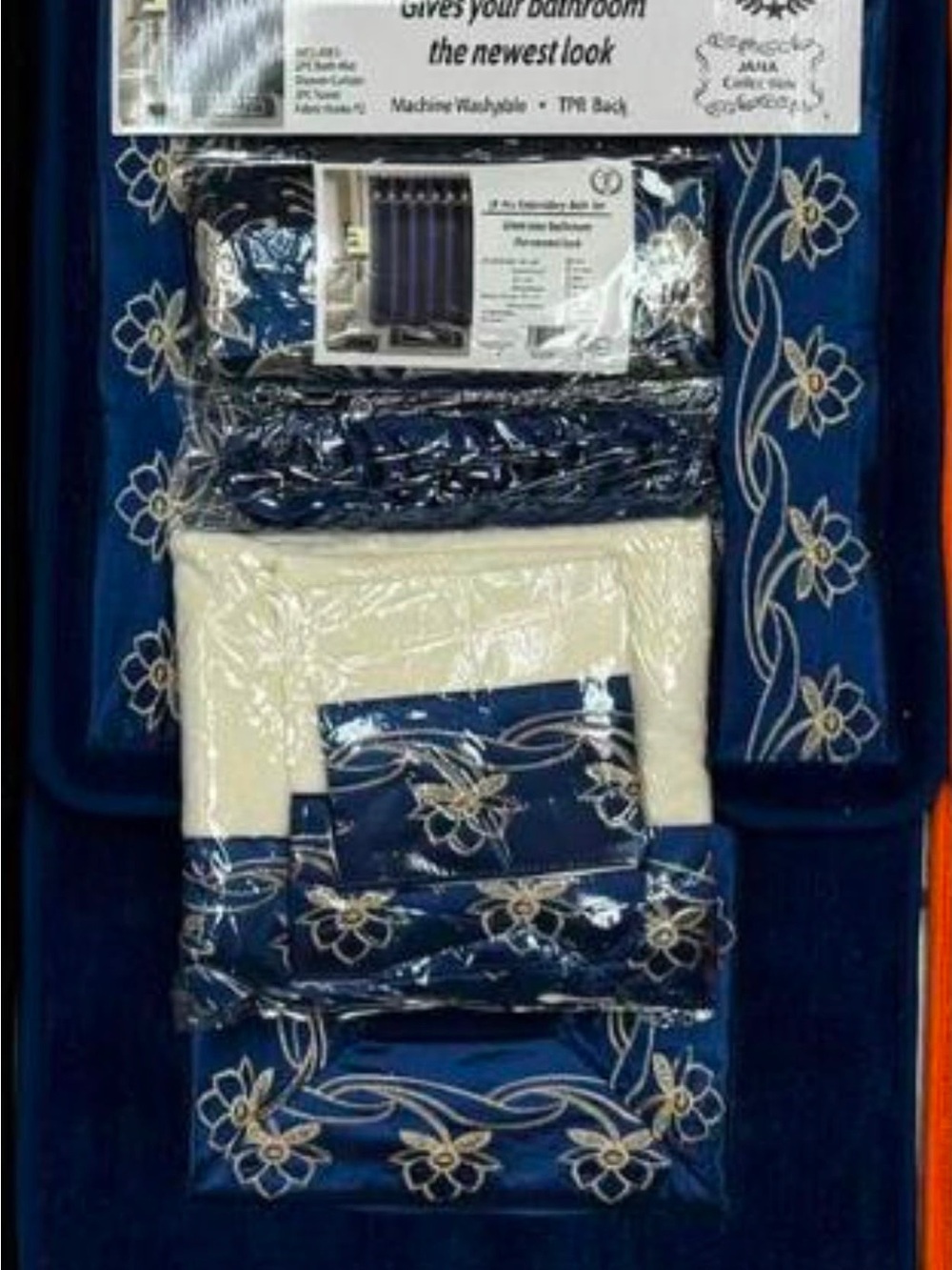 Embroidered Floral Navy and Cream Bathroom Bedding Set
